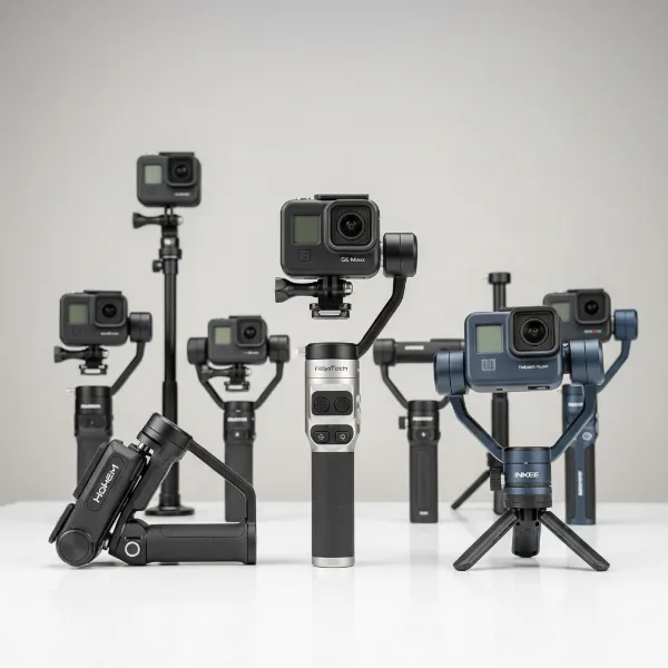 A collection of various action camera gimbals on a clean surface, highlighting diversity in design and features