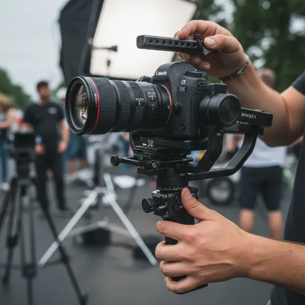 A videographer carefully balancing a heavy DSLR and zoom lens on a professional gimbal.