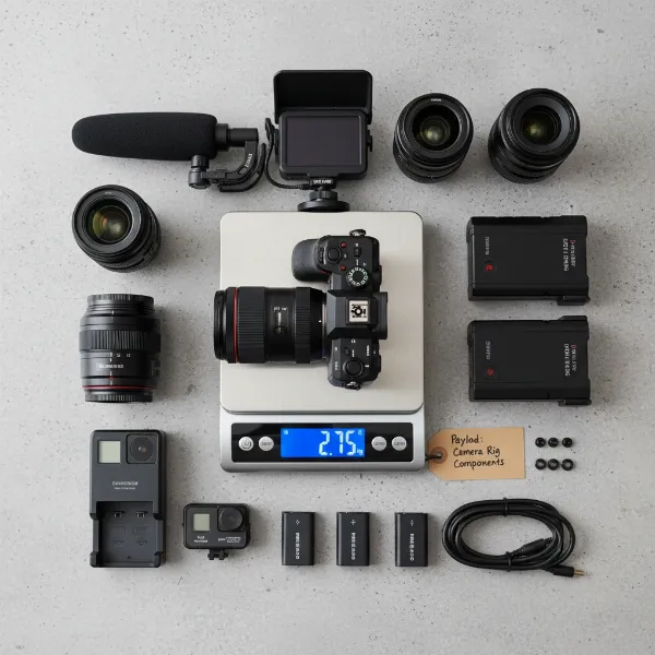 A collection of camera gear being weighed on a digital scale, emphasizing the need to consider all components for true payload assessment.