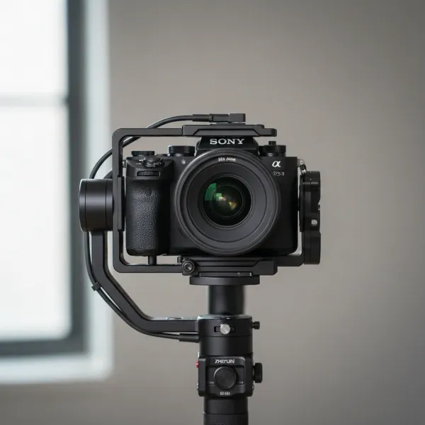 A camera setup perfectly balanced on a three-axis gimbal, standing motionless, ready for shooting.