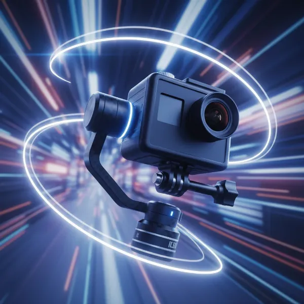A 3-axis camera gimbal holding an action camera, illustrating smooth motion.