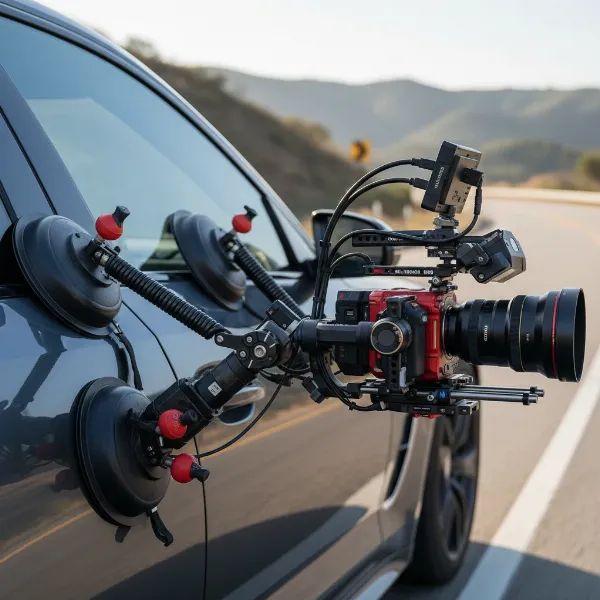 Professional car mount with a gimbal, camera, and vibration isolator for stable vehicle shots.