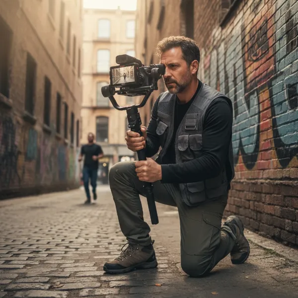 A videographer operating a camera on a gimbal stabilizer in a unique location, capturing a dynamic shot.