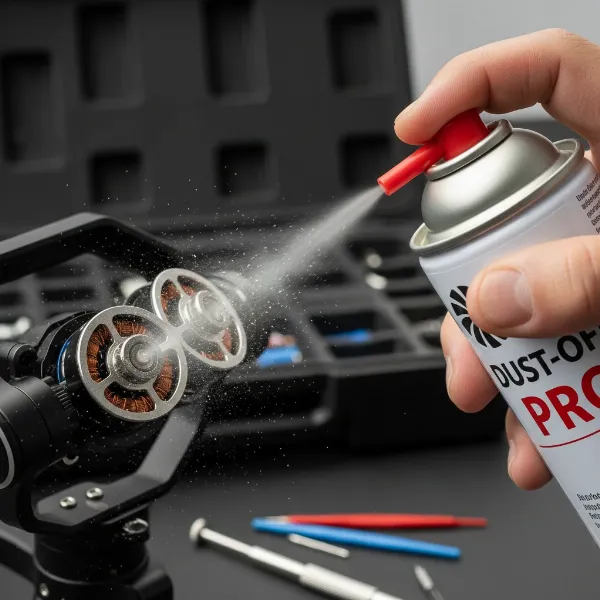 A person using compressed air to clean dust and debris from the brushless motors of a camera gimbal.