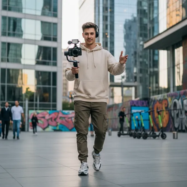 A content creator using a camera gimbal to film smooth vertical video for social media, focusing on stability and clarity