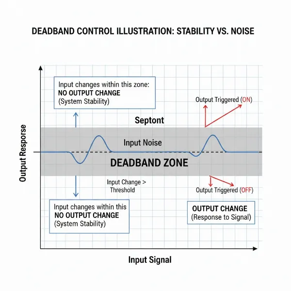 A diagram illustrating deadband in a control system, showing a central inactive zone around a setpoint with input signals and no output response within that zone.