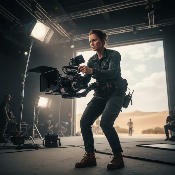 A professional filmmaker confidently operating the DJI Ronin 4D on a set, highlighting its ergonomic design and integrated screen