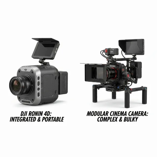 DJI Ronin 4D next to a traditional modular cinema camera rig, highlighting integration benefits