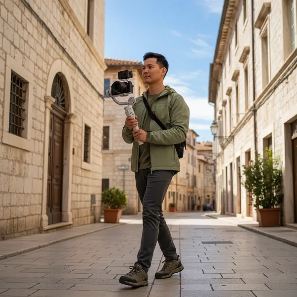 A person holding a DJI RS 3 Mini gimbal with a mirrorless camera attached, walking through a scenic outdoor location, highlighting its lightweight and portable design for travel.