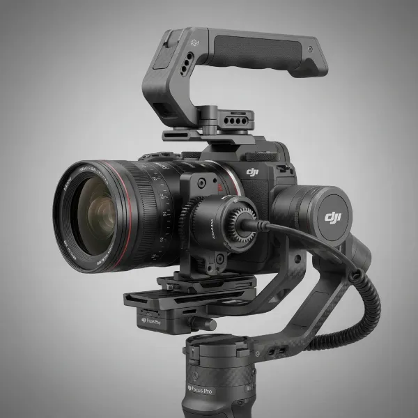 A close-up of a DJI RS 4 gimbal with the Focus Pro Motor and Briefcase Handle attached, demonstrating an enhanced setup for professional use.