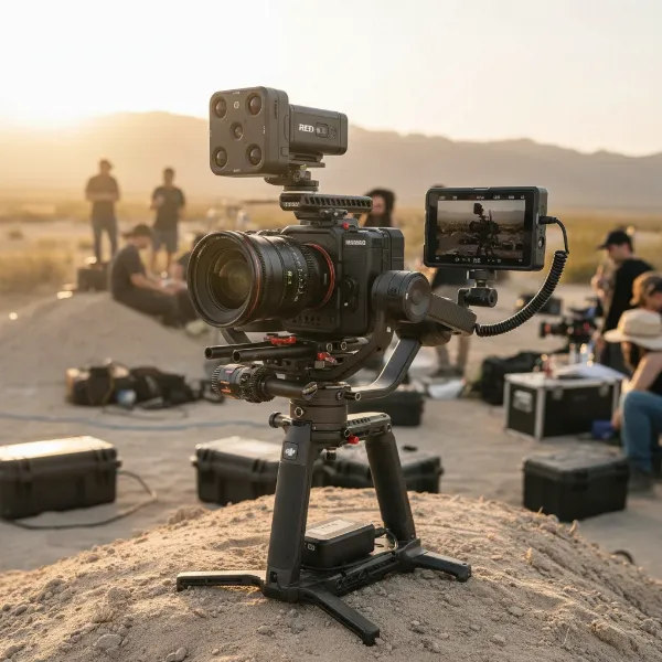 DJI RS 4 Pro gimbal with DJI Focus Pro LiDAR range finder and focus motor attached