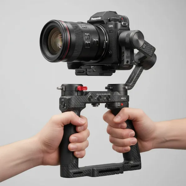 The DJI RS 5 gimbal with a Panasonic GH6 attached, showcasing its robust design.