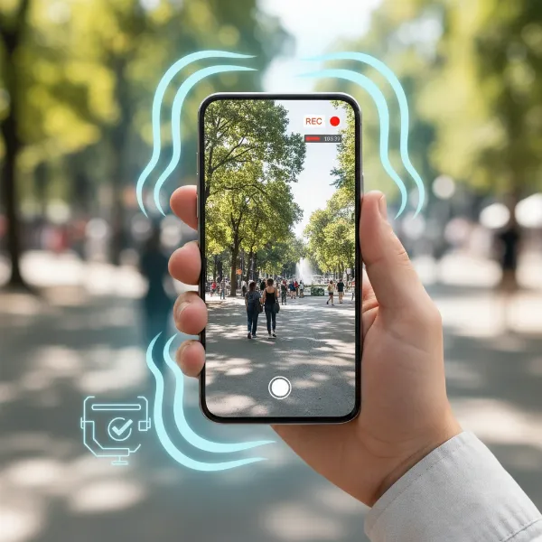 A person holding a smartphone, indicating electronic image stabilization for stable video.