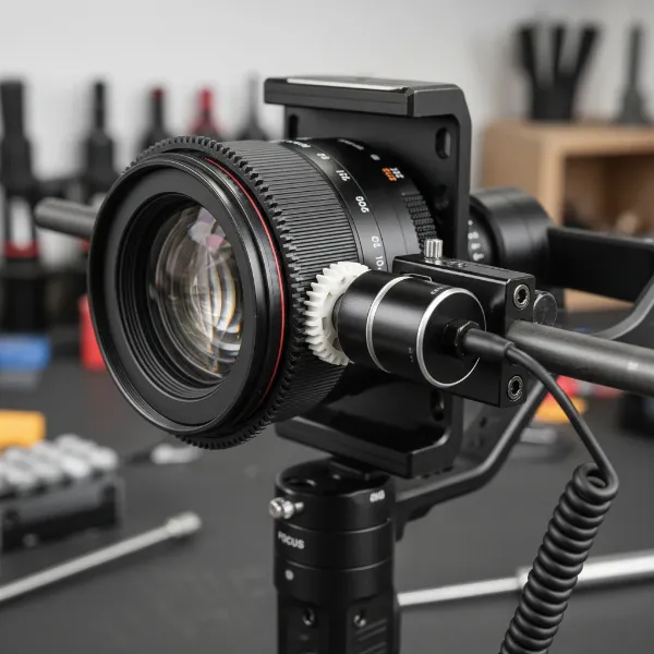 Close-up of an external follow focus motor connected to a camera lens on a gimbal setup.