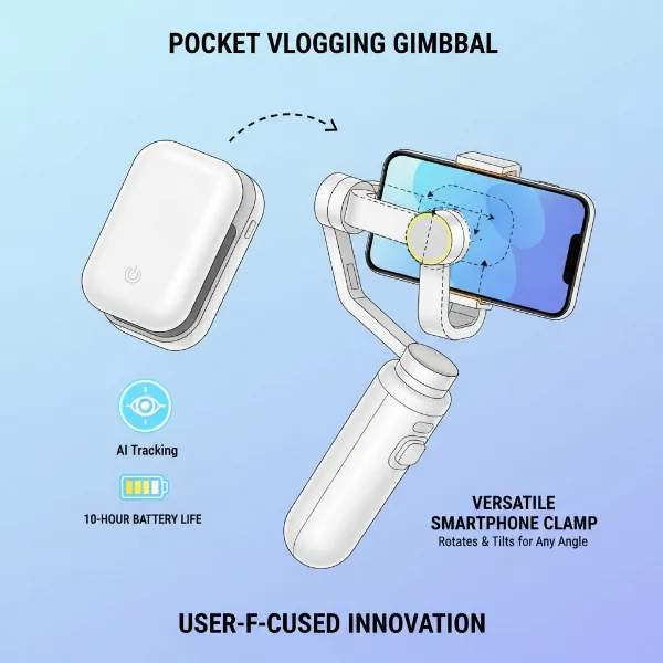 Various features of a compact vlogging gimbal displayed, including foldable design, AI tracking icon, battery indicator, and smartphone clamp, highlighting key considerations for users.