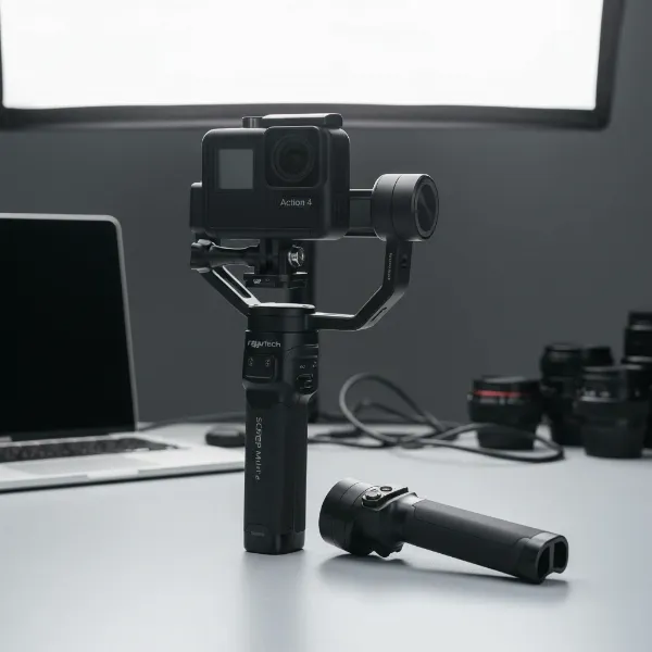 The FeiyuTech SCORP Mini 3 Pro gimbal holding a DJI Action 4, showcasing its multi-device capability