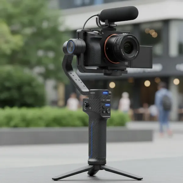 FeiyuTech Scorp Mini 3 Pro gimbal holding a Sony ZV-1 compact camera, demonstrating its compact size and AI tracking capabilities.