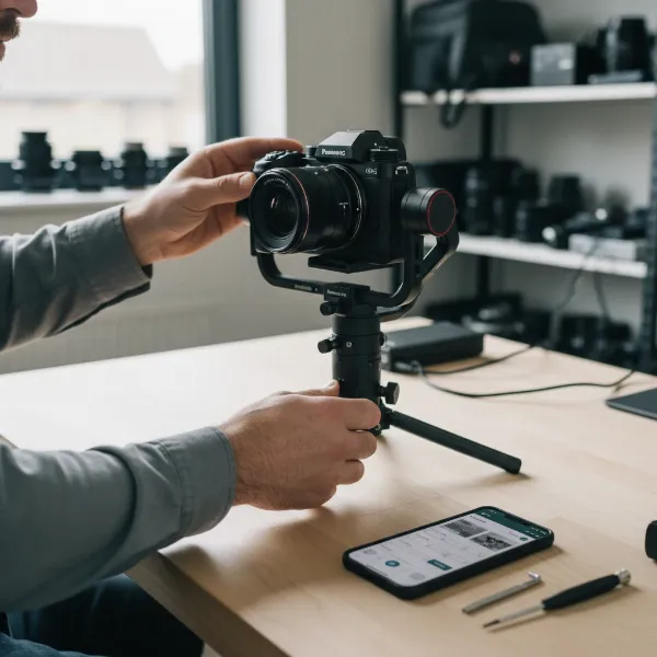A person meticulously balancing a camera on a gimbal, with various tools and the gimbal's app visible on a smartphone screen, in a workshop setting.