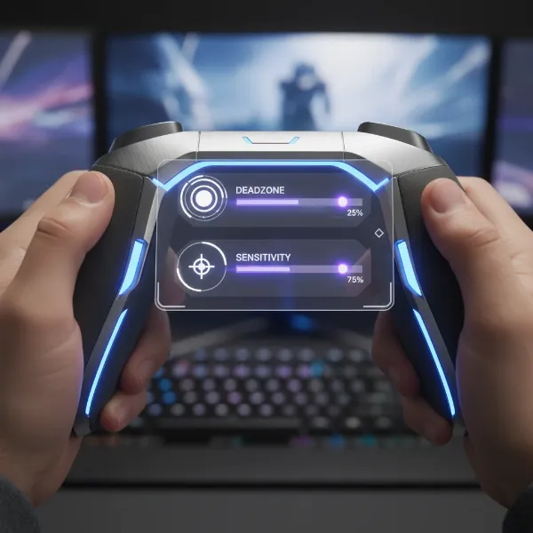 A close-up of a gaming controller with overlaid UI elements showing adjustable deadzone and sensitivity sliders, indicating precise control settings for gameplay.