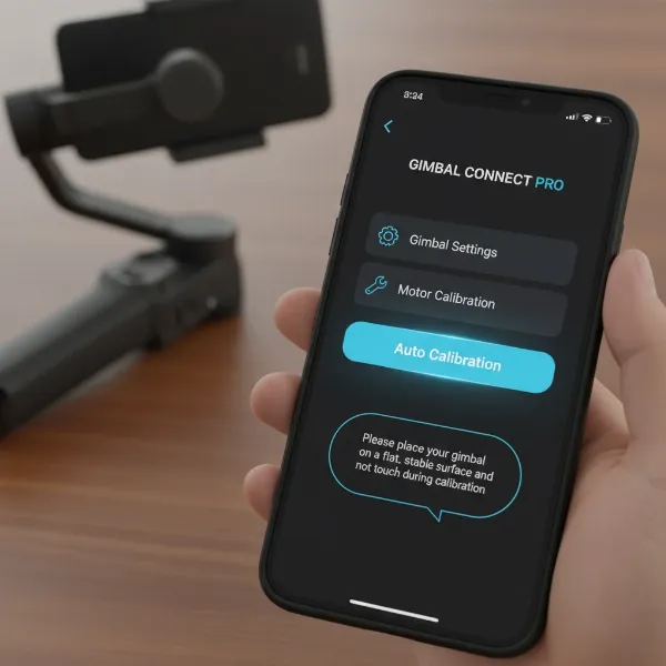 A smartphone screen displaying a gimbal's mobile app interface, with a clear "Auto Calibration" button highlighted and a prompt to place the gimbal on a flat surface.