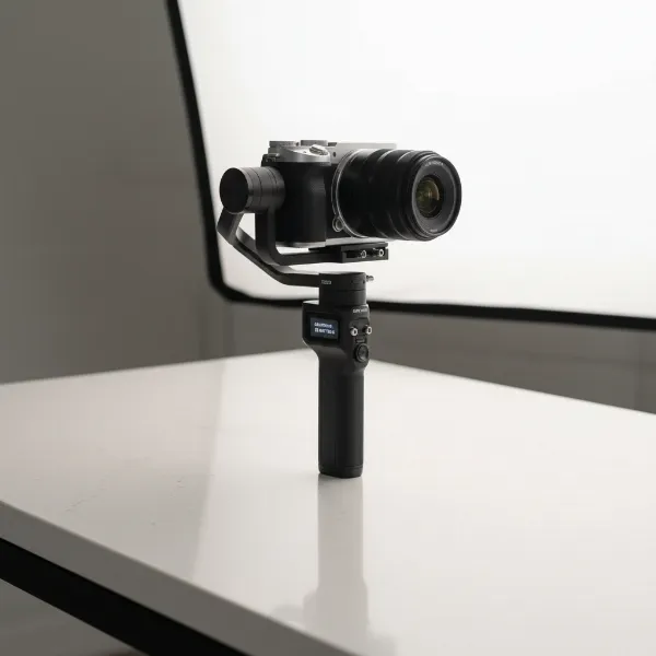 A handheld gimbal with a camera, placed on a flat surface undergoing automatic calibration.