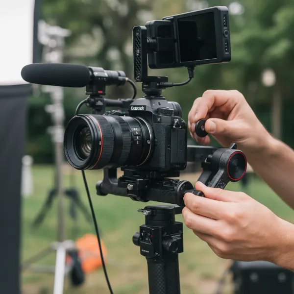 A videographer meticulously adjusting counterweights on a gimbal for perfect balance and stability.