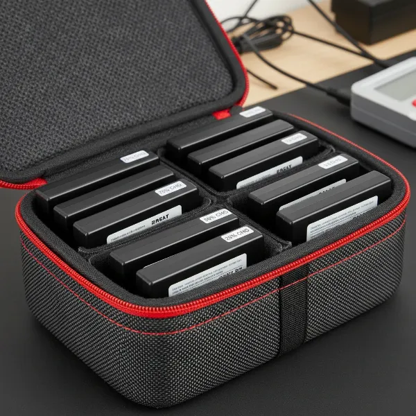 Gimbal batteries stored at optimal 50-60% charge in a dedicated battery storage case.