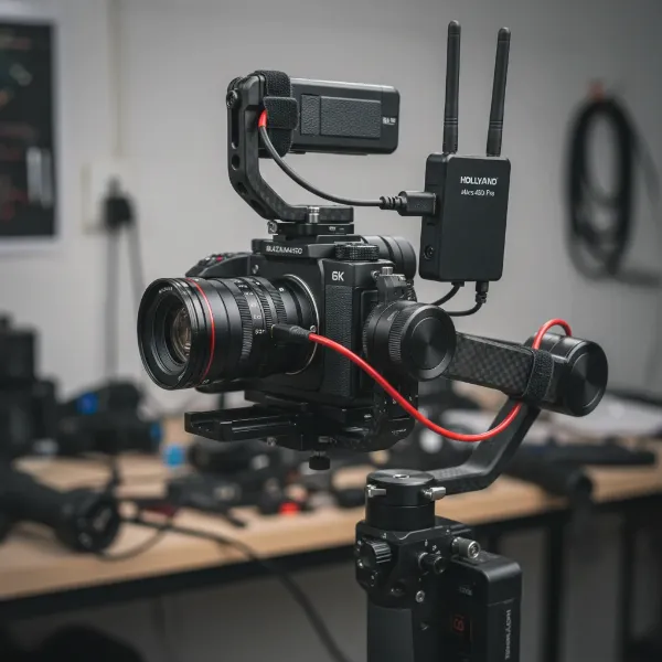 Close-up of a camera on a gimbal with a wireless video transmitter properly mounted and cabled.