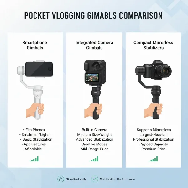 A visually appealing infographic comparing three types of pocket vlogging gimbals: smartphone gimbals, integrated pocket cameras, and compact mirrorless gimbals, highlighting their key features and ideal use cases.