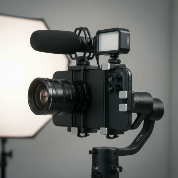 A mobile gimbal with a heavy smartphone and external accessories, balanced using various counterweights.