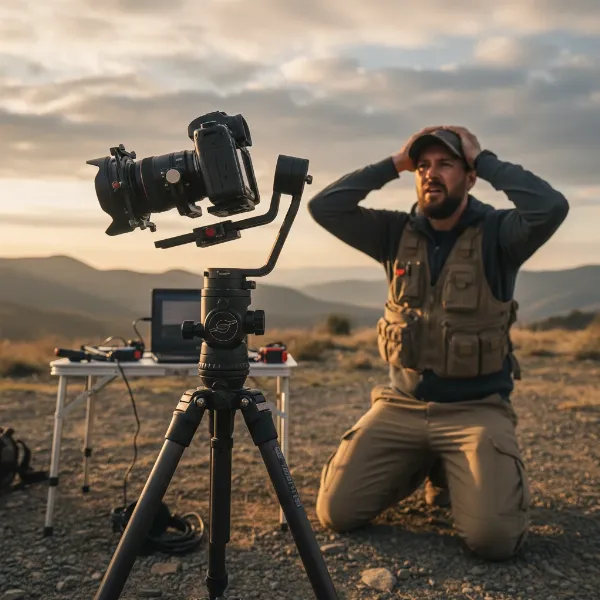 Illustration of a camera gimbal on a tripod, with a subtle left tilt indicating drift, set in a troubleshooting context.