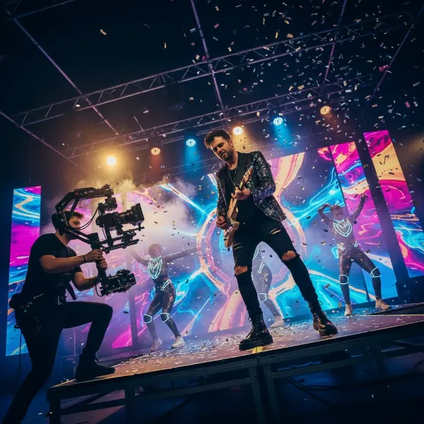 A camera on a gimbal performing a subtle Dutch tilt for a music video, creating a stylized and dramatic visual effect.