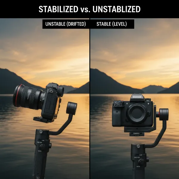 Illustrative image showing a camera on a gimbal with a clearly tilted horizon, contrasted with a perfectly level horizon.