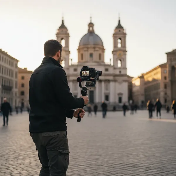 A person operating a camera gimbal in lock mode, maintaining a fixed shot on a distant subject while walking forward.