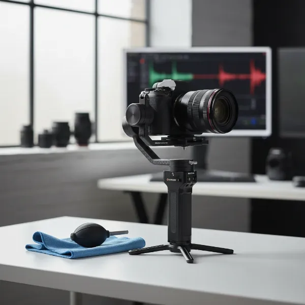 A well-maintained camera gimbal, possibly on a stand, with cleaning tools nearby, suggesting proper care and storage.