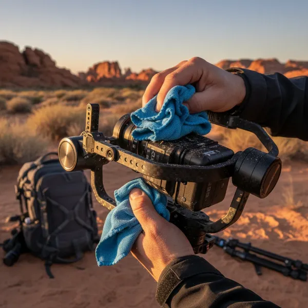 Someone cleaning and maintaining a camera gimbal after an outdoor sports shoot