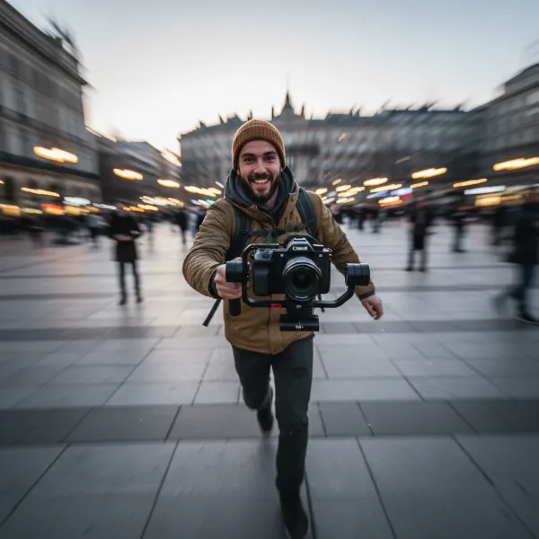 A videographer using a gimbal in an FPV or Vortex mode, creating a dynamic, immersive shot with a tilted horizon.