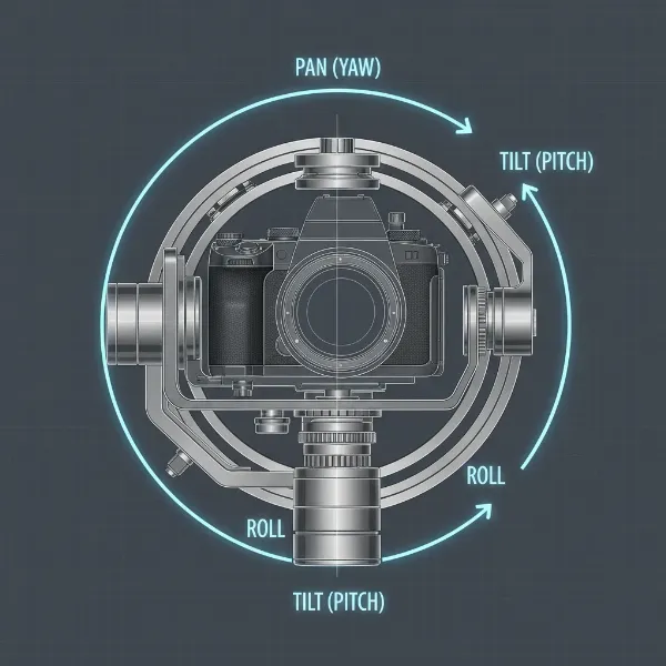 A detailed illustration showing the three axes of a camera gimbal: pan, tilt, and roll, with arrows indicating their directions.
