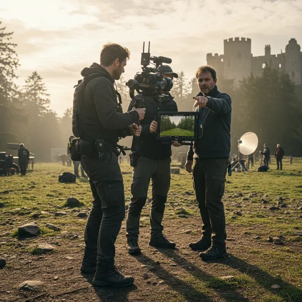 Gimbal operator uses a wireless video transmitter system to monitor real-time footage on set.