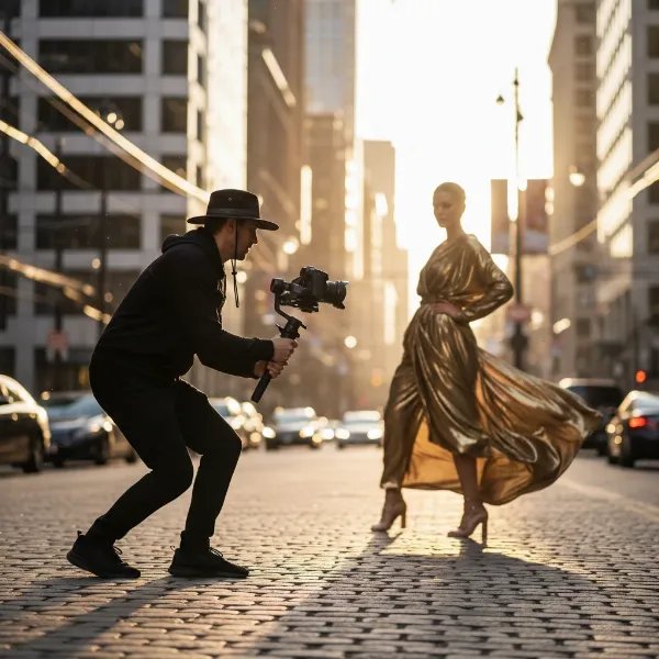 A filmmaker operating a camera gimbal, executing a parallax shot around a subject in an urban environment with a blurred background, showcasing depth and movement.