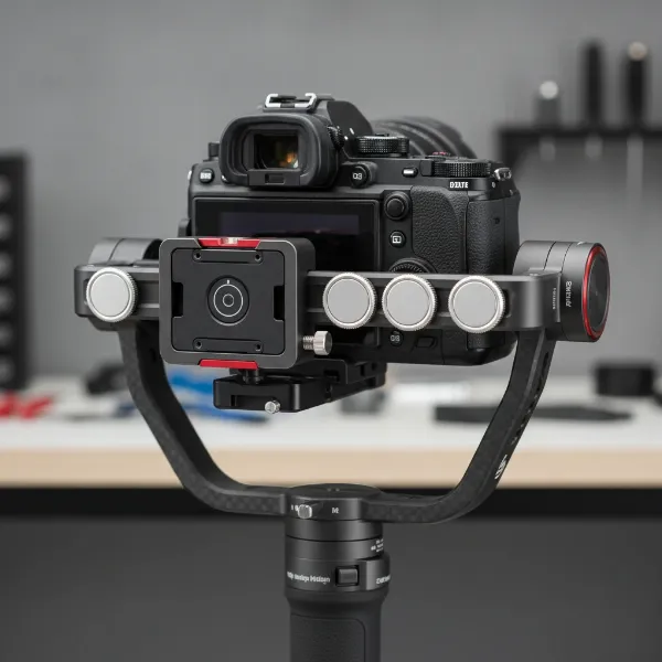 A close-up of a camera mounted on a gimbal using a quick release plate, with small counterweights visible for perfect balance.
