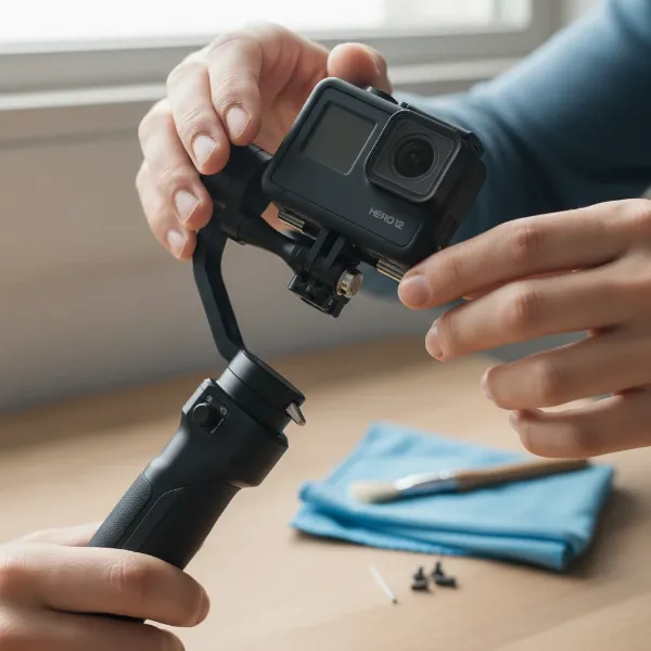 A person carefully balancing an action camera on a gimbal, with cleaning supplies nearby