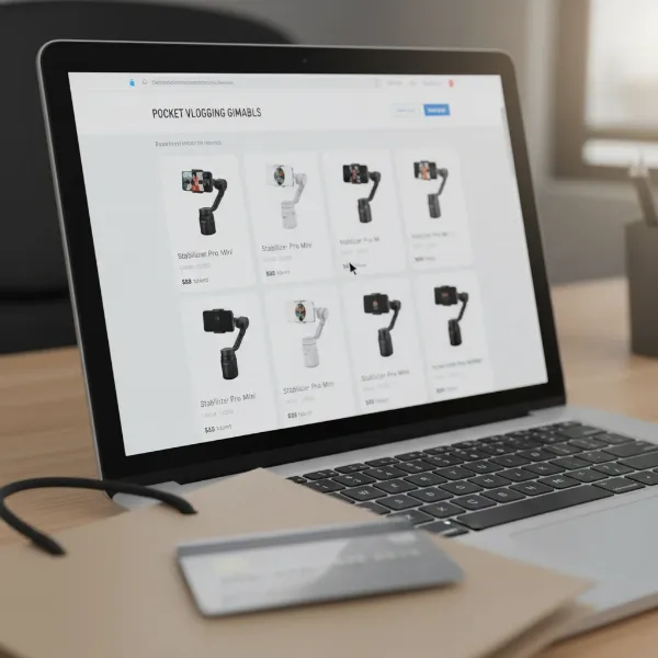 A laptop screen showing an e-commerce website with various pocket vlogging gimbals, surrounded by discreet elements like a credit card and shopping bag icon, representing online purchasing.