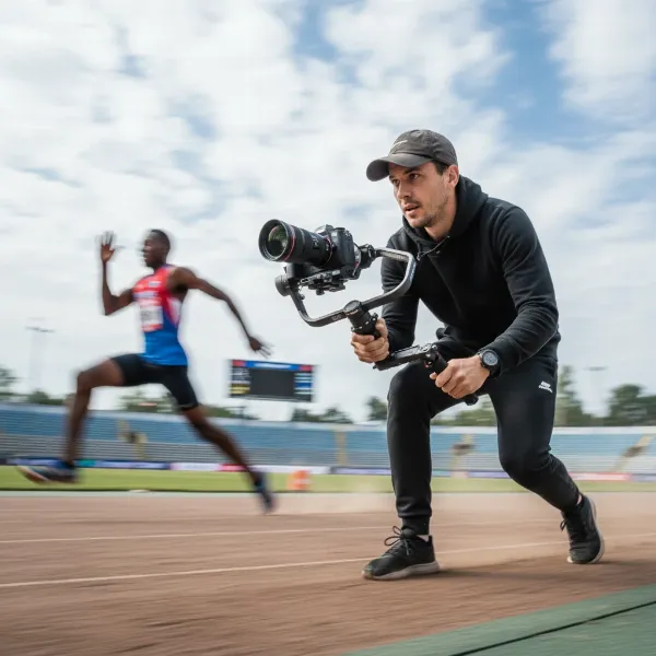 A videographer using a camera gimbal to film a fast-paced sports event with smooth motion