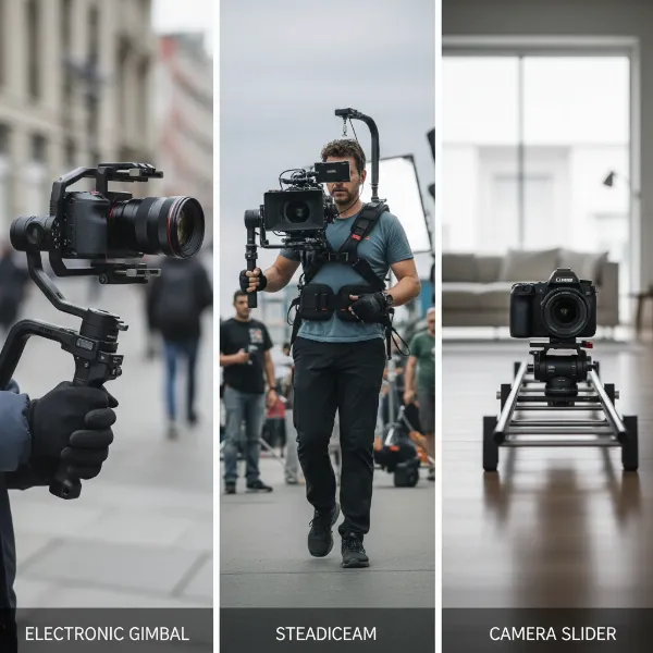 A side-by-side comparison of a handheld gimbal, a steadicam rig, and a camera slider, highlighting their distinct payload handling characteristics.