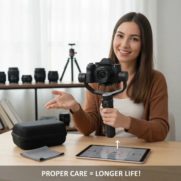 A vlogger demonstrating proper handling and balancing techniques for a compact vlogging gimbal, with subtle cues for cleaning and maintenance tools.