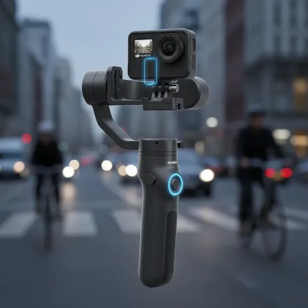 The Hohem iSteady M6 gimbal with an action camera attached via an adapter, demonstrating its AI tracking feature