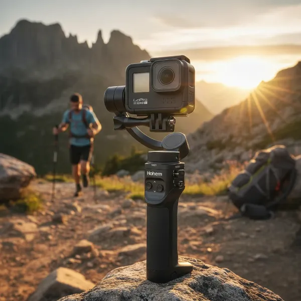The Hohem iSteady Pro 4 gimbal with a GoPro Hero 12 attached, in an outdoor setting