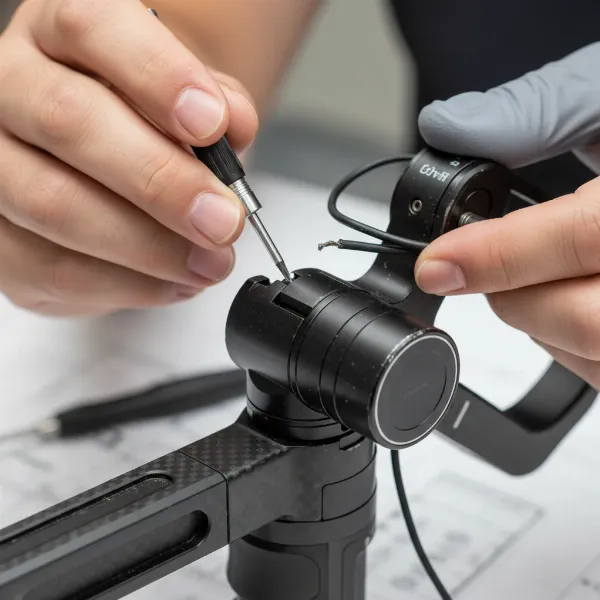 A person visually inspecting a camera gimbal for signs of wear, loose screws, or cable damage.