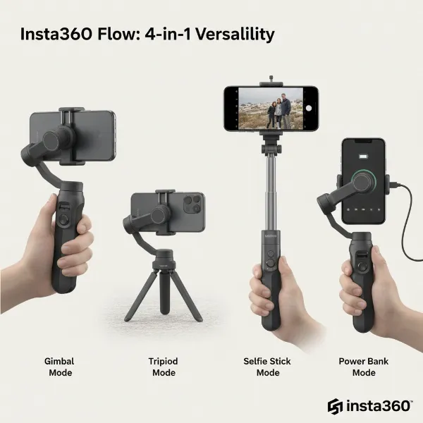 Insta360 Flow demonstrating its 4-in-1 features: gimbal, tripod, selfie stick, power bank.